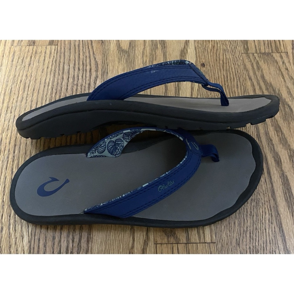 Olukai Flip Flops Boys Sz 8 Ohana Blue Gray Beach Casual Outdoor Slip On Sandals